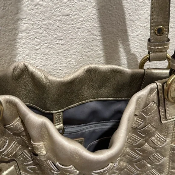 COACH- North South Metallic Woven Leather Gold Leather Shoulder Bag Tote F17099 - Picture 12 of 17